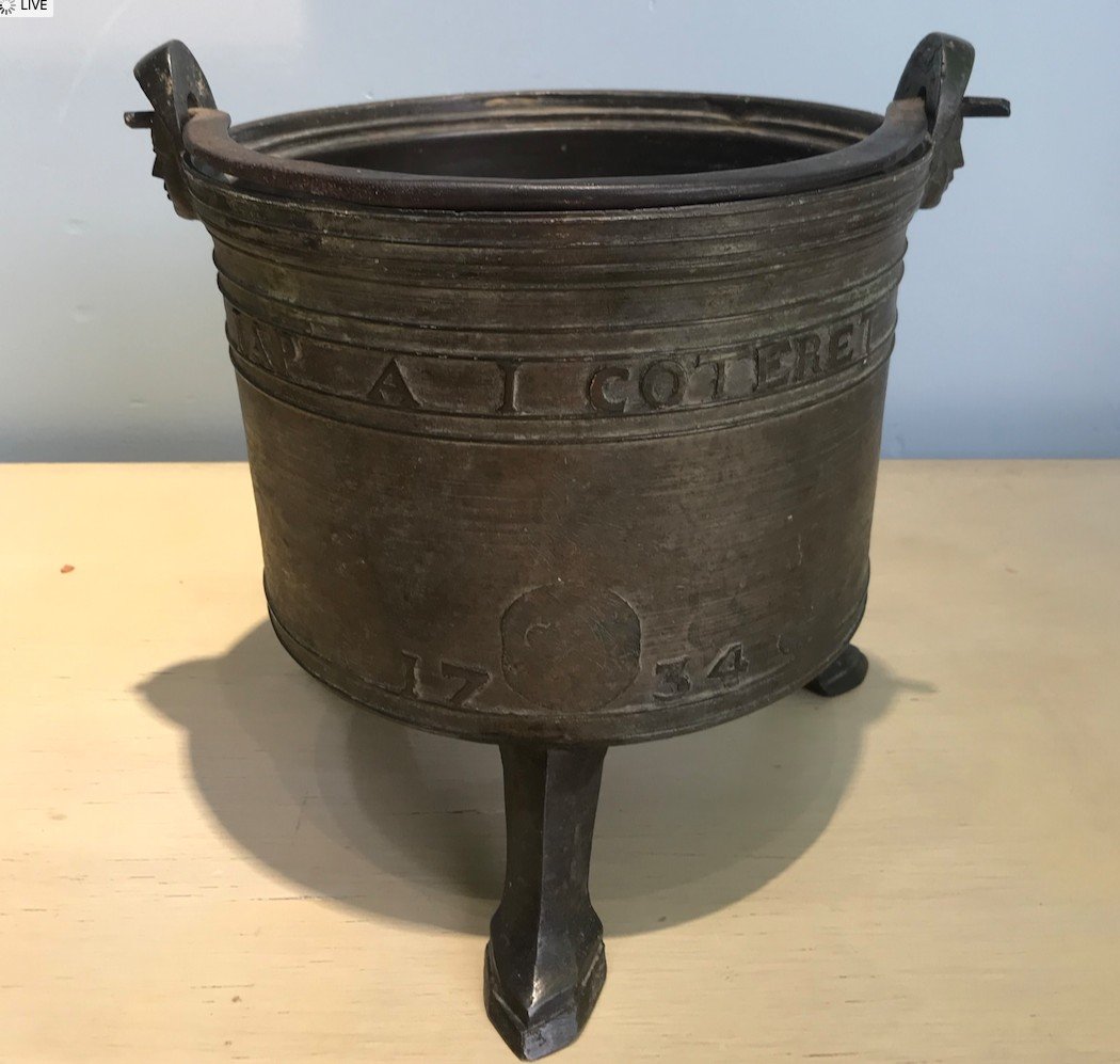 Bronze Tripod Cauldron Or Pot - Dated 1734 - Coteret - 18th Century-photo-4