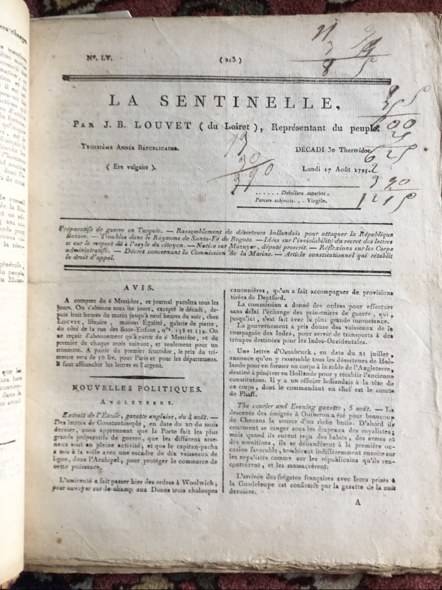 La Sentinelle Revolutionary Newspaper J.blouvet-53 Issues 1795-96 Girondins