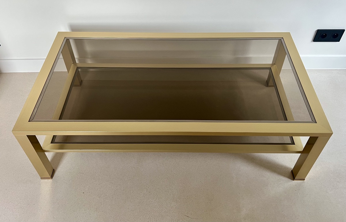 Large Coffee Table In Gold-tone Metal And Brown Smoked Glass, France, 1980s-photo-2