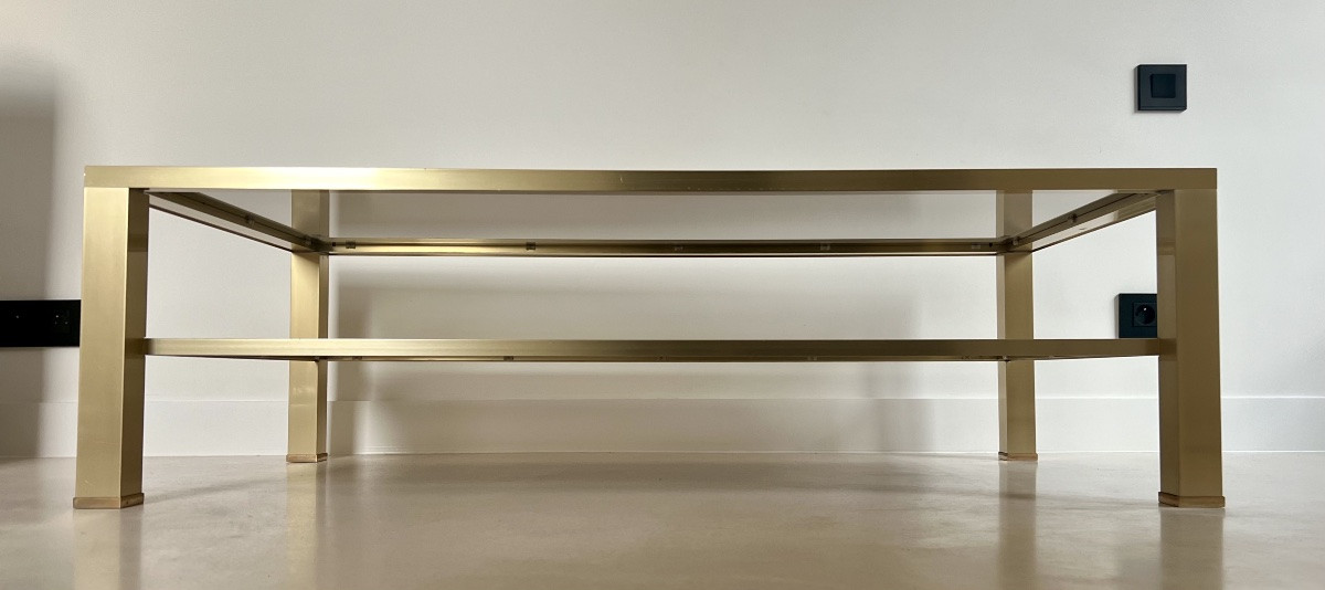 Large Coffee Table In Gold-tone Metal And Brown Smoked Glass, France, 1980s-photo-3
