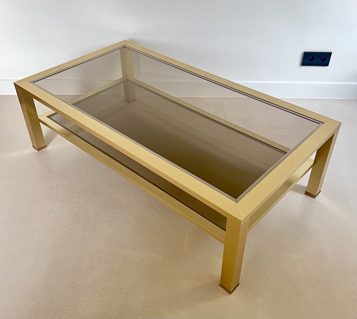 Large Coffee Table In Gold-tone Metal And Brown Smoked Glass, France, 1980s-photo-4