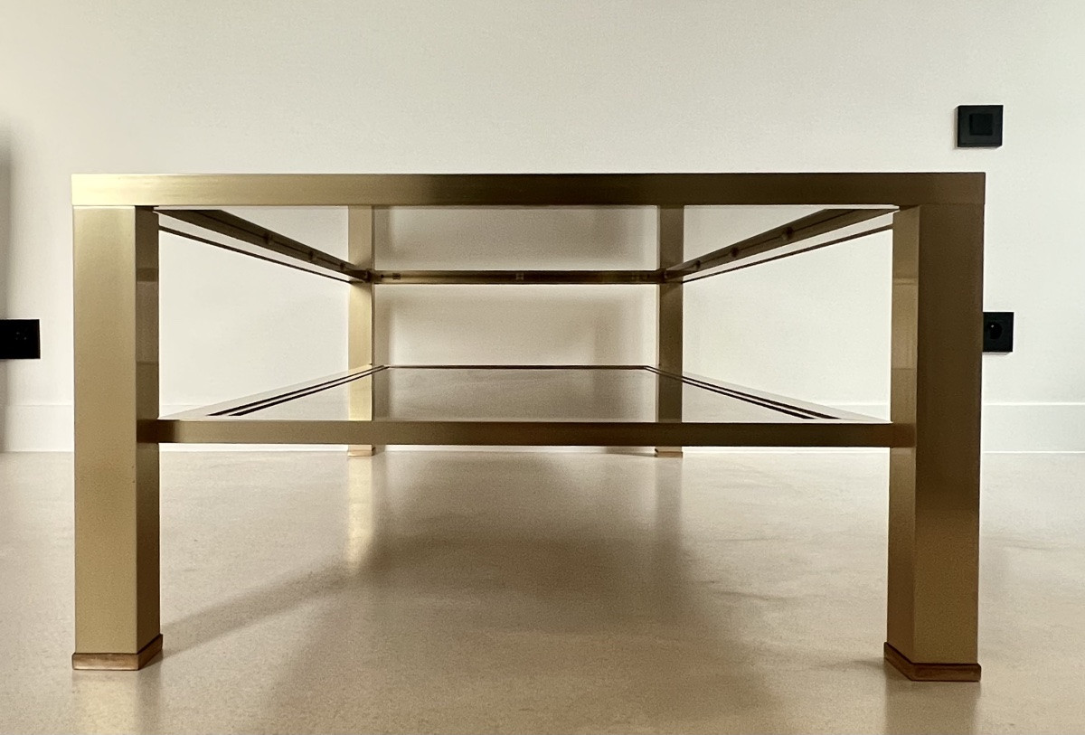 Large Coffee Table In Gold-tone Metal And Brown Smoked Glass, France, 1980s-photo-2