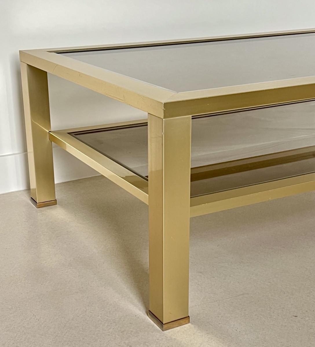 Large Coffee Table In Gold-tone Metal And Brown Smoked Glass, France, 1980s-photo-3