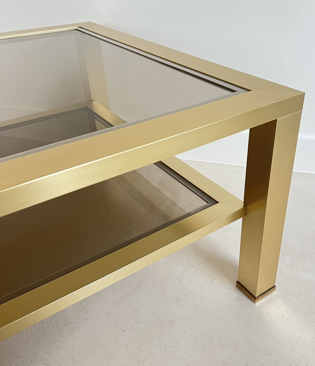 Large Coffee Table In Gold-tone Metal And Brown Smoked Glass, France, 1980s-photo-6