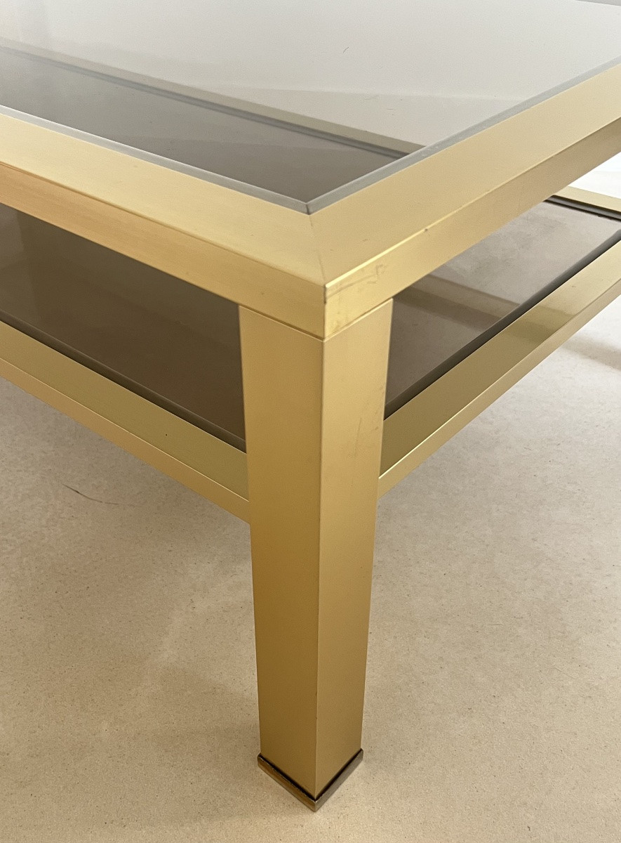 Large Coffee Table In Gold-tone Metal And Brown Smoked Glass, France, 1980s-photo-7