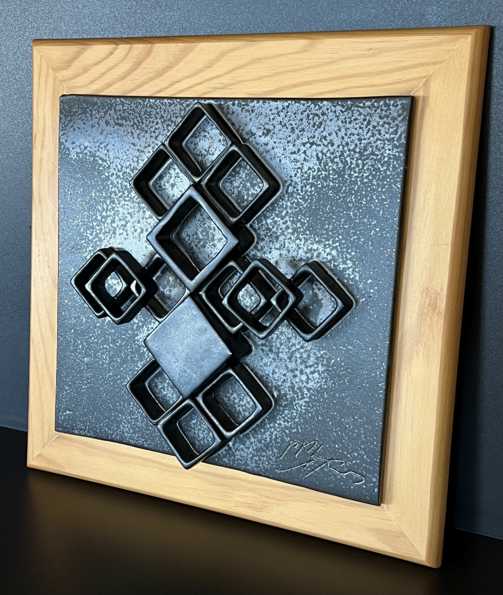 Decorative Terracotta Plaque With Anthracite Glaze On A Wooden Frame, 1970s-photo-3