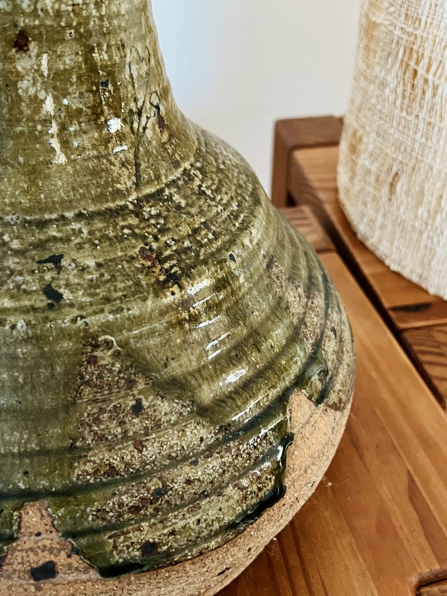 Lampe de salon en grès émaillé vert olive, France années 60-photo-2