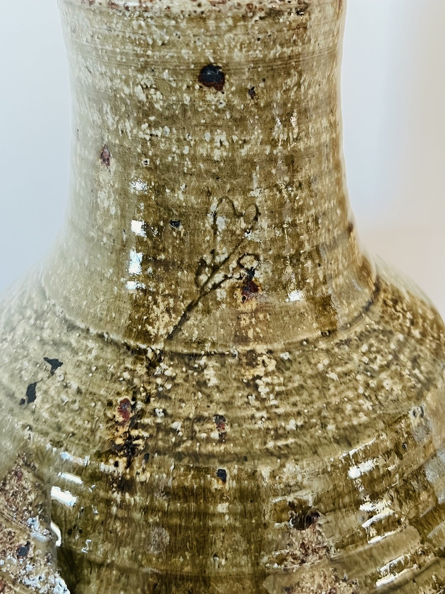 Lampe de salon en grès émaillé vert olive, France années 60-photo-4