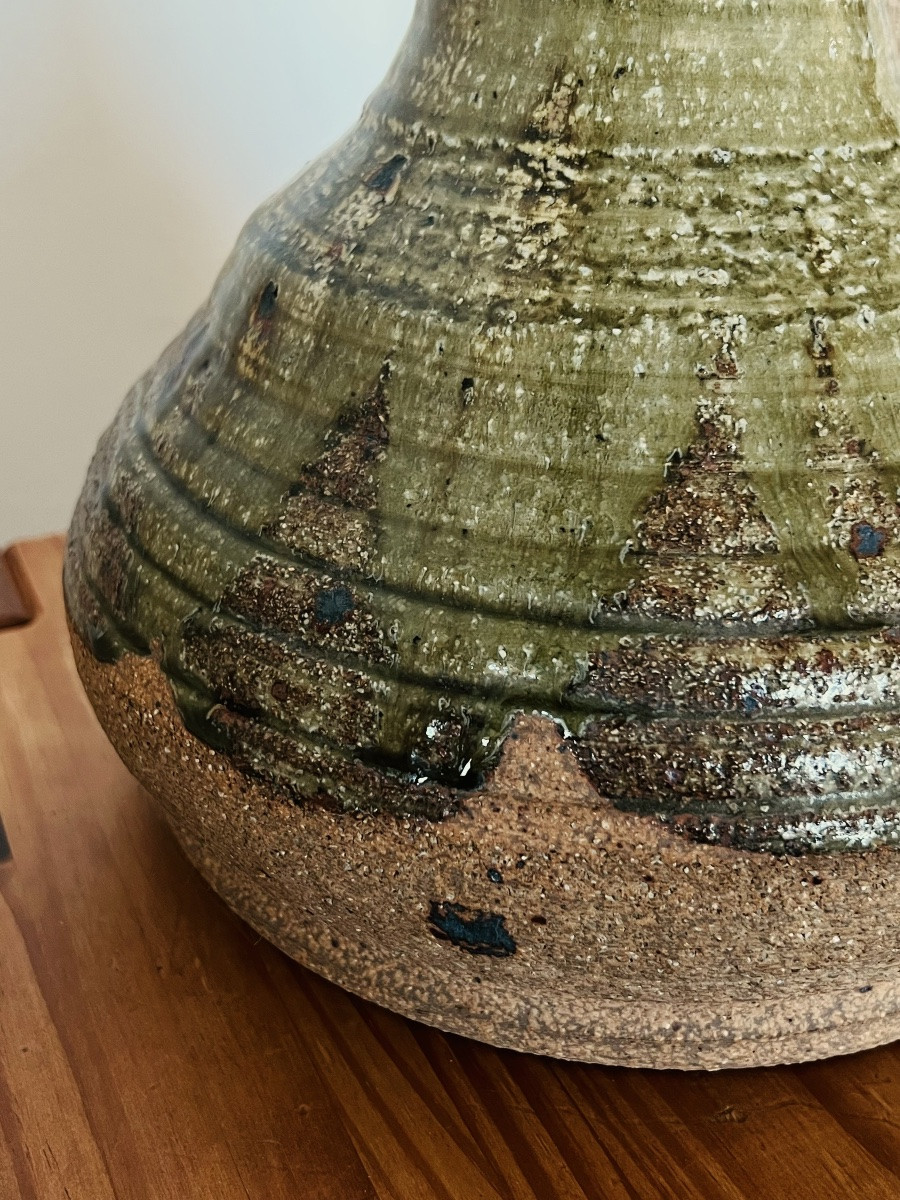 Lampe de salon en grès émaillé vert olive, France années 60-photo-6