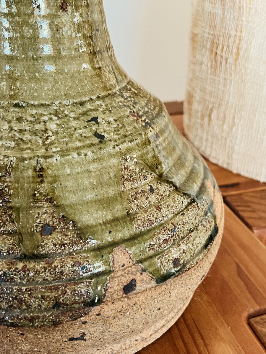 Lampe de salon en grès émaillé vert olive, France années 60-photo-7