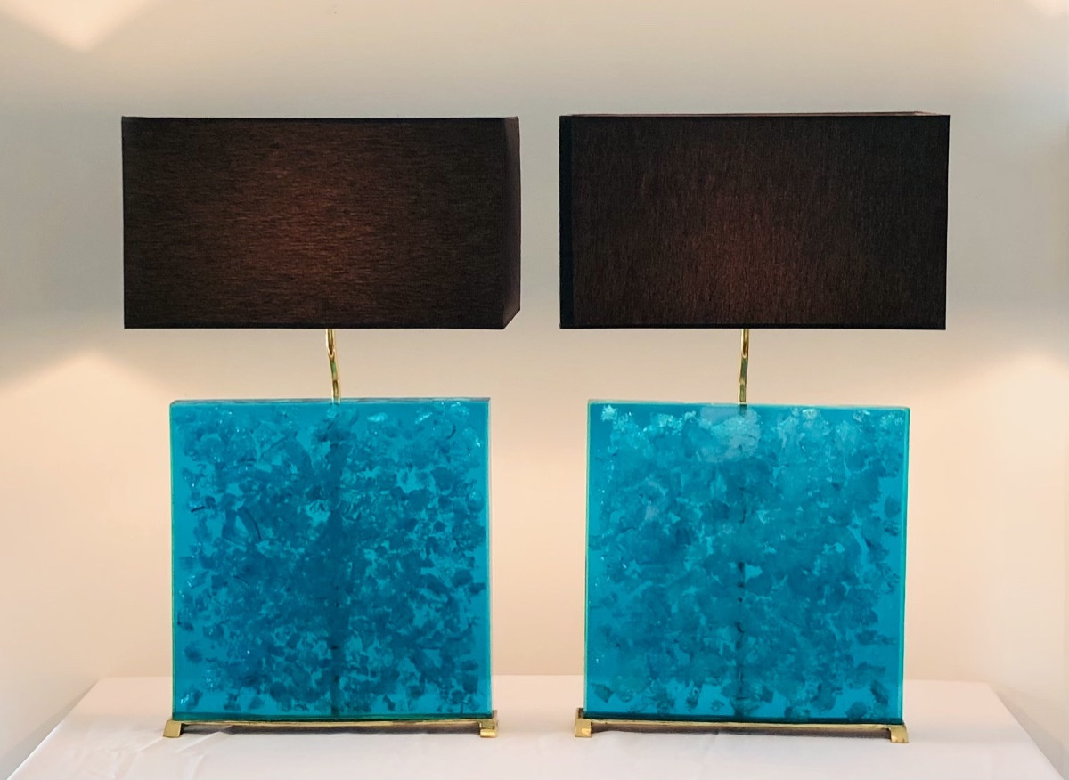 Lampes de salon en résine fractale turquoise, années 80-photo-2