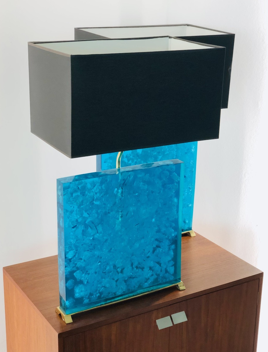 Lampes de salon en résine fractale turquoise, années 80-photo-8