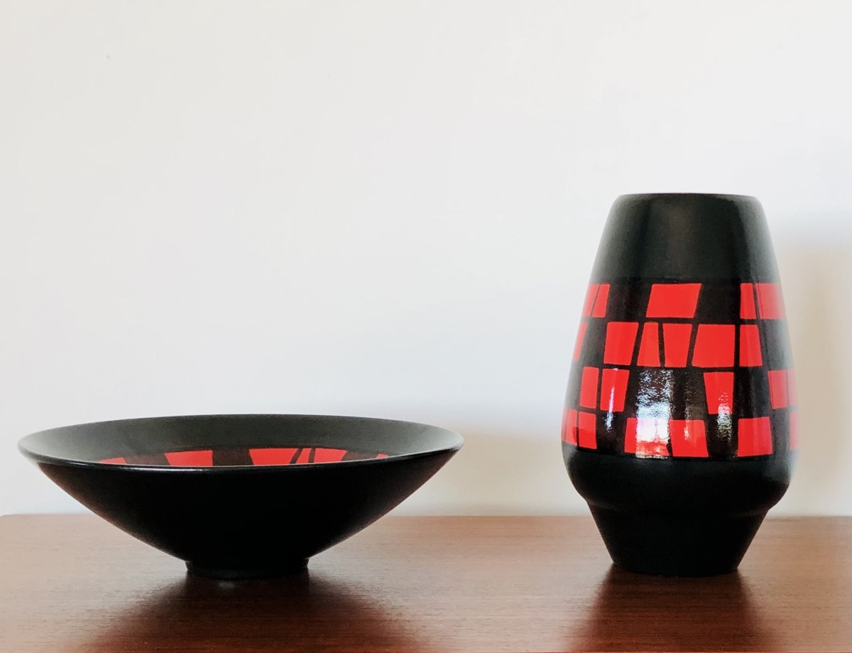 Vase piriforme en céramique rouge et noire par Elchinger, France années 60-photo-5