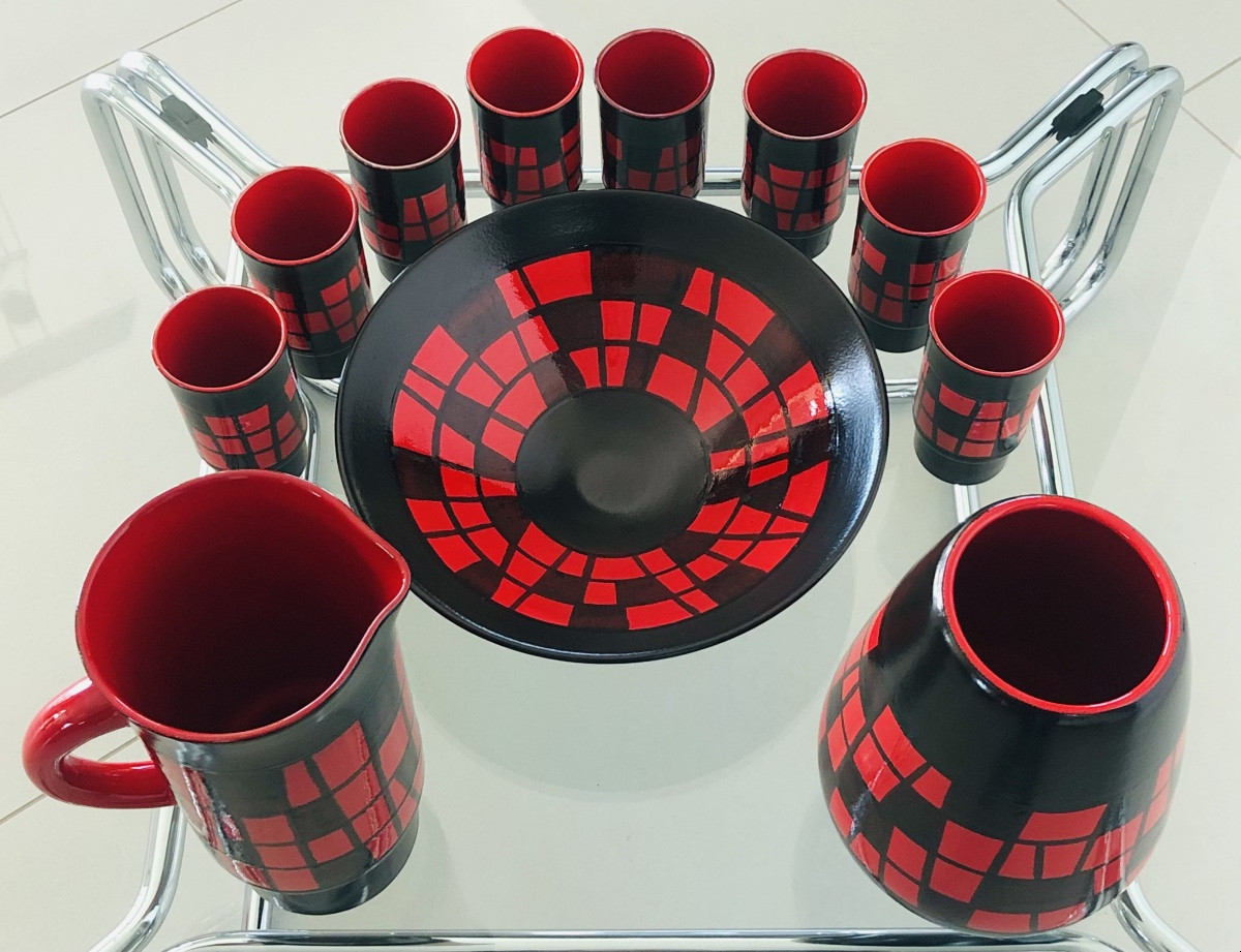 Vase piriforme en céramique rouge et noire par Elchinger, France années 60-photo-8