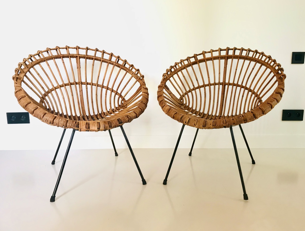 Pair Of Rattan Shell Chairs Attributed To Franco Albini, Italy, 1960s-photo-2
