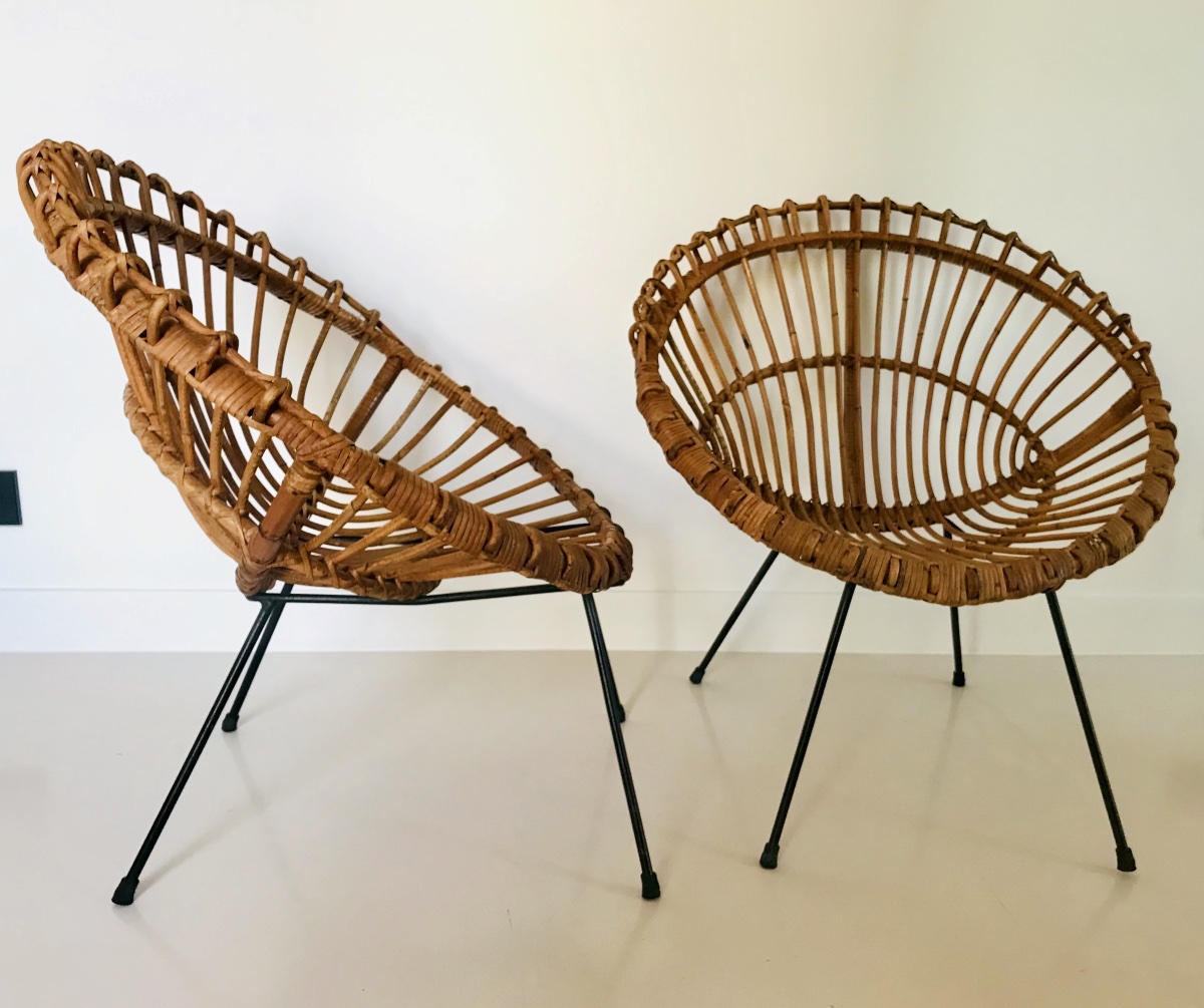 Pair Of Rattan Shell Chairs Attributed To Franco Albini, Italy, 1960s-photo-4