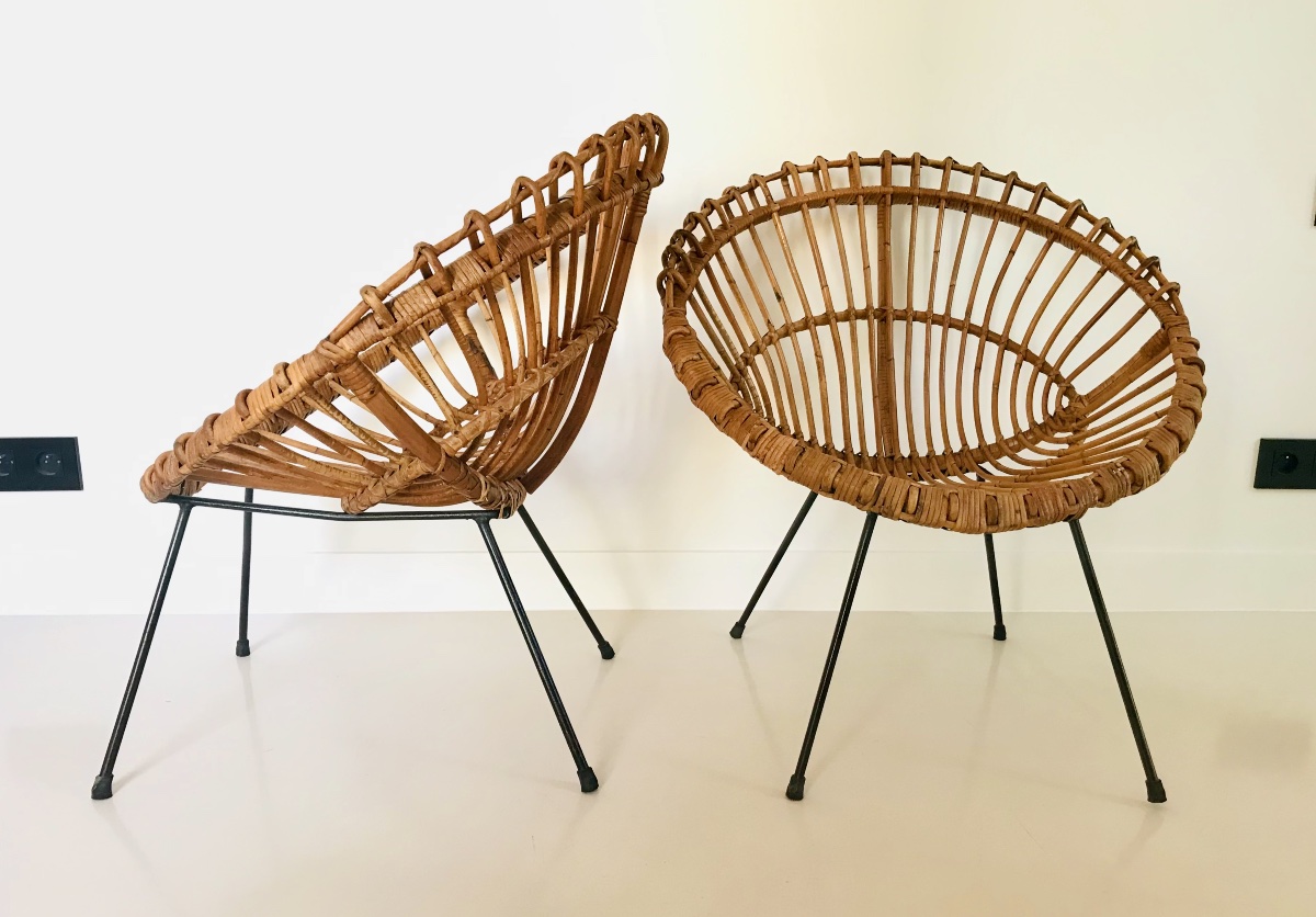Pair Of Rattan Shell Chairs Attributed To Franco Albini, Italy, 1960s-photo-1