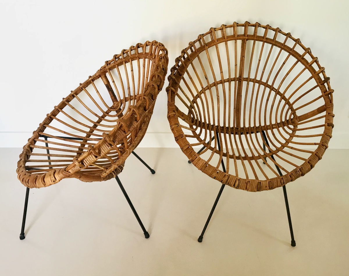 Pair Of Rattan Shell Chairs Attributed To Franco Albini, Italy, 1960s-photo-2