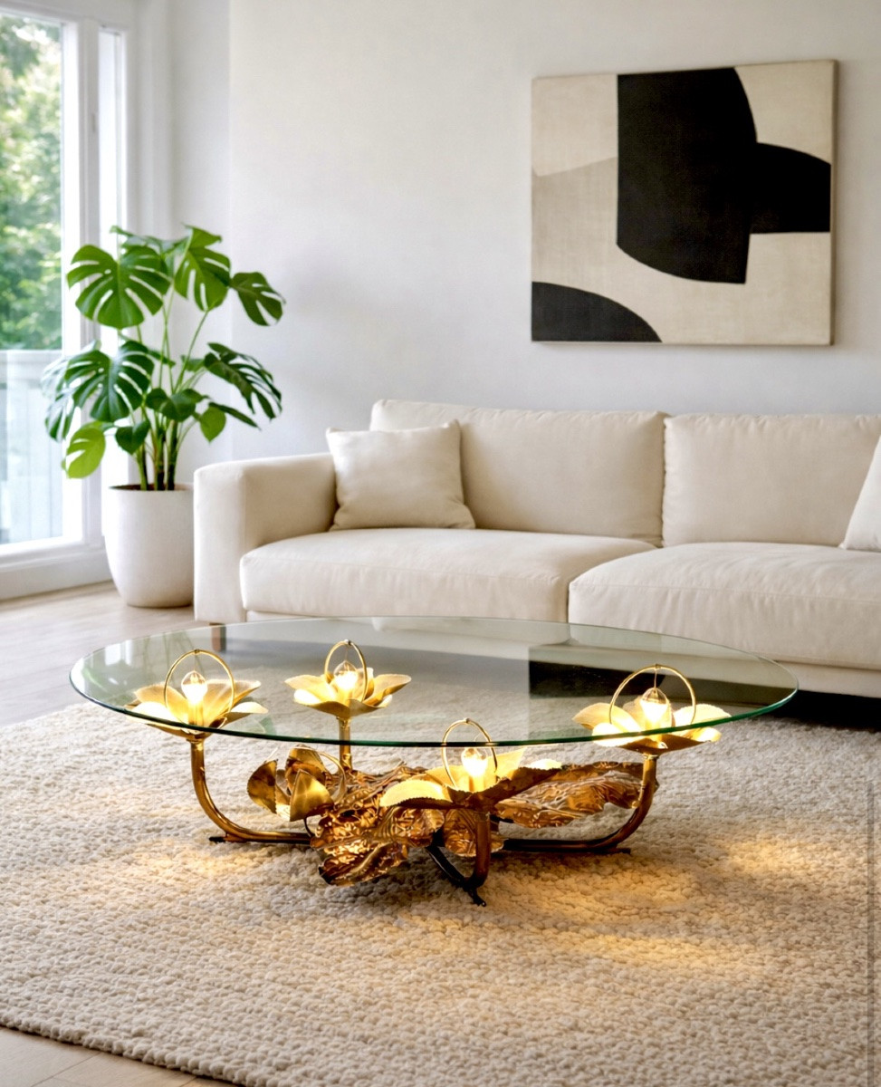 Table basse sculpturale éclairante par Henri Fernandez pour Maison Honoré Paris, France 70's-photo-1