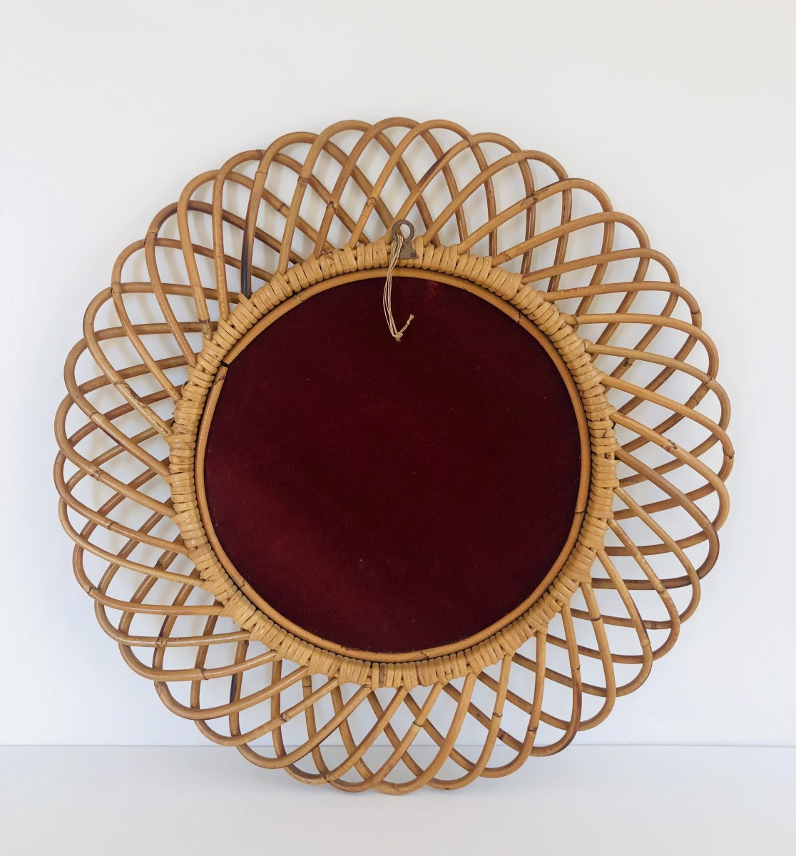 Miroir rond en rotin grand modèle dans le goût de Franco Albini, Italie années 60-photo-3