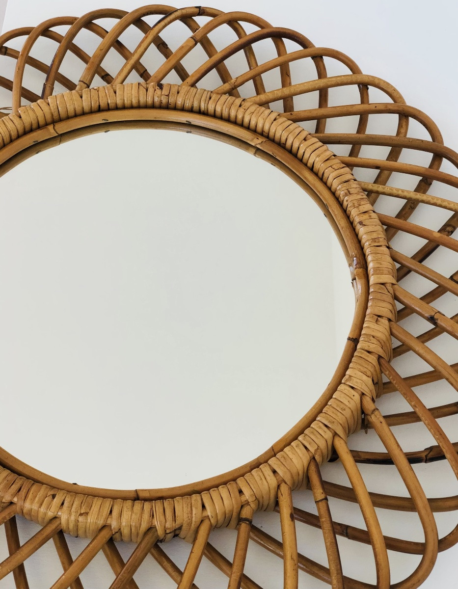 Miroir rond en rotin grand modèle dans le goût de Franco Albini, Italie années 60-photo-4
