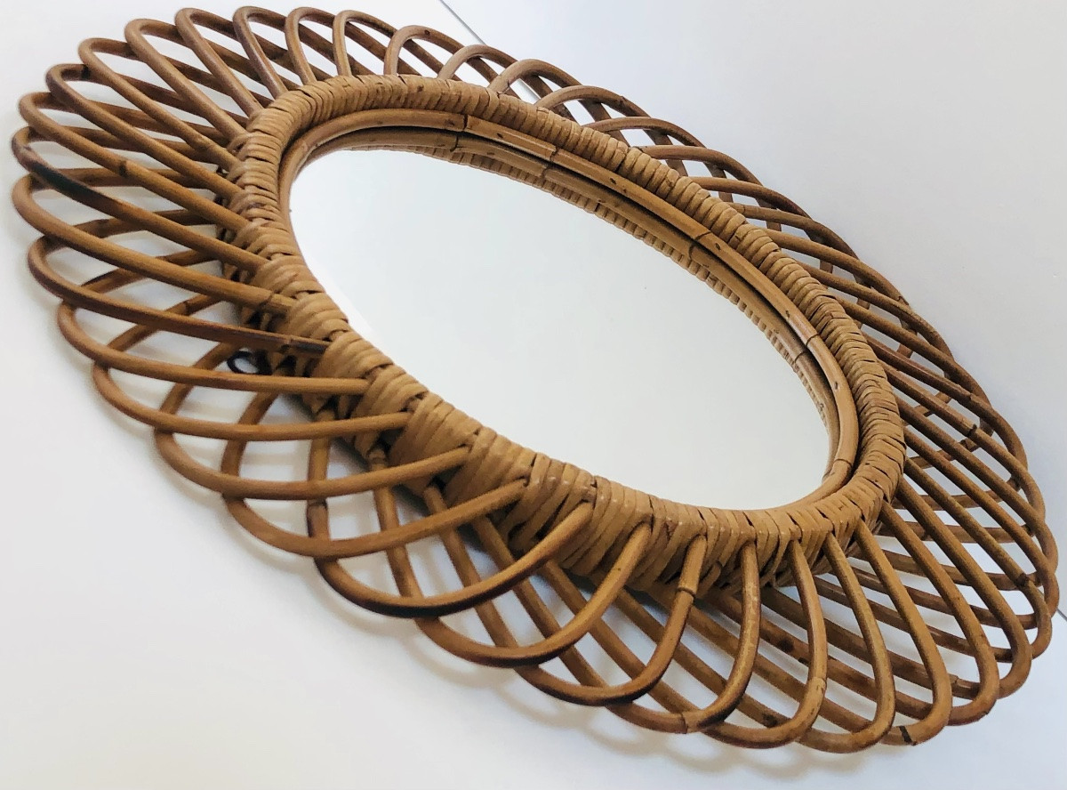 Miroir rond en rotin grand modèle dans le goût de Franco Albini, Italie années 60-photo-2