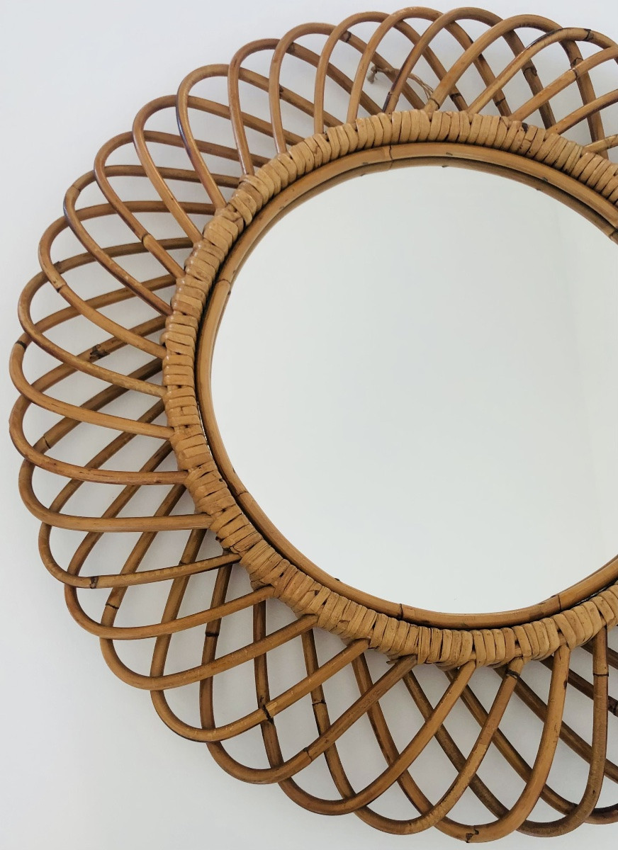 Miroir rond en rotin grand modèle dans le goût de Franco Albini, Italie années 60-photo-4