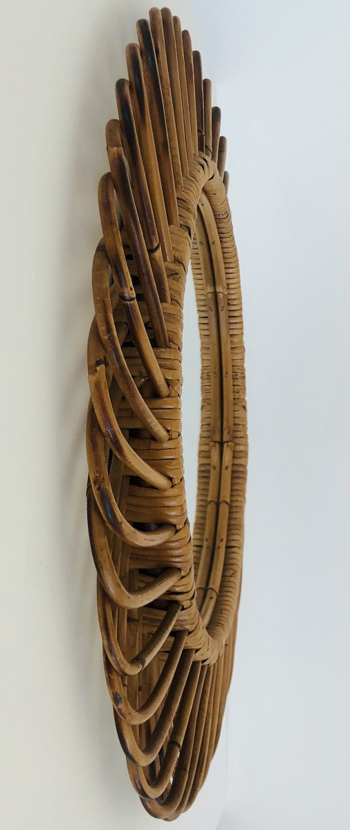 Miroir rond en rotin grand modèle dans le goût de Franco Albini, Italie années 60-photo-5