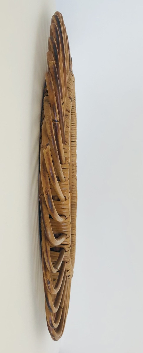 Miroir rond en rotin grand modèle dans le goût de Franco Albini, Italie années 60-photo-6