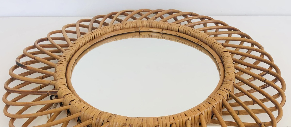 Miroir rond en rotin grand modèle dans le goût de Franco Albini, Italie années 60-photo-7