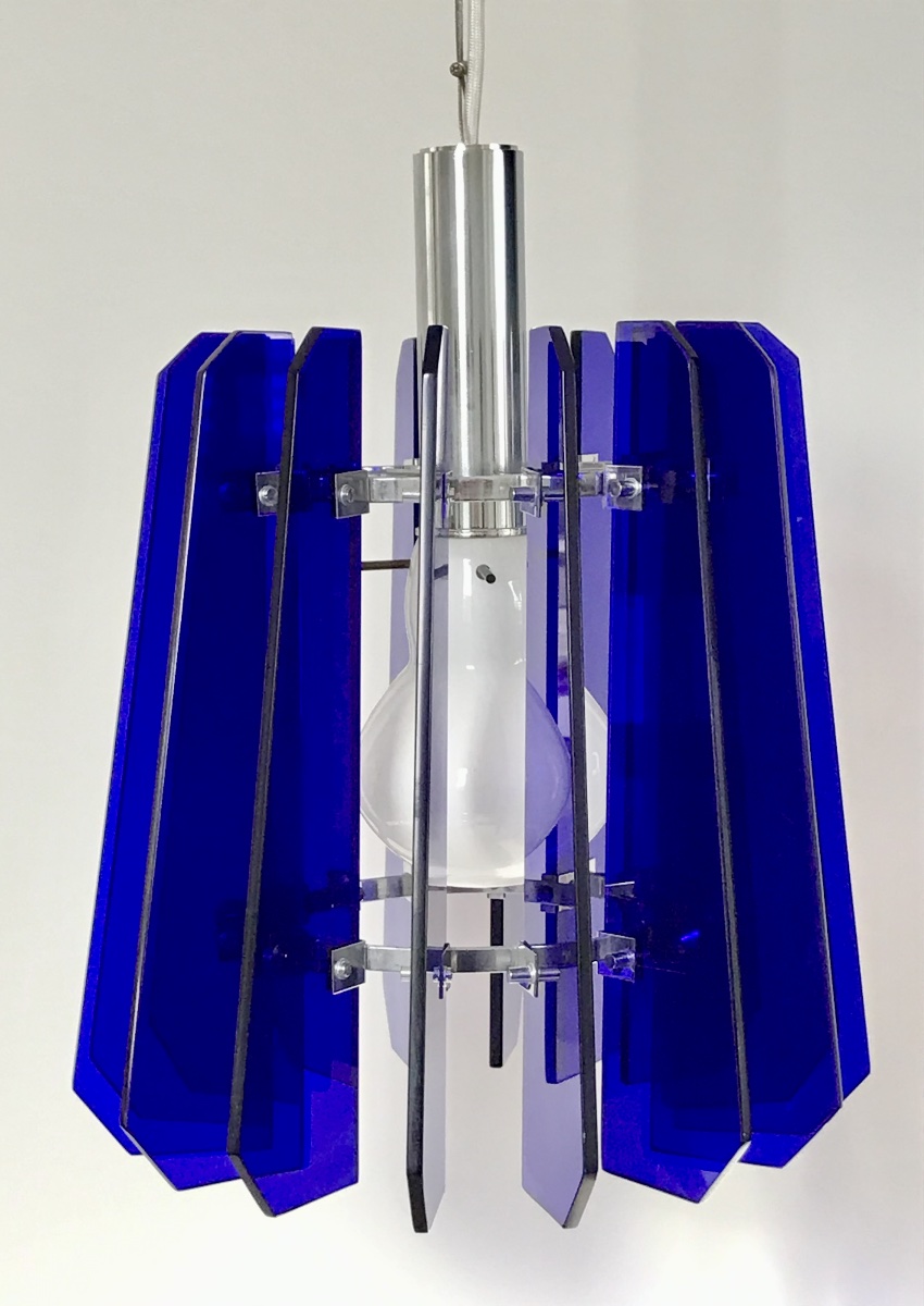 Suspension en verre bleu et opaline attribuée à Fontana Arte, Italie années 70-photo-2