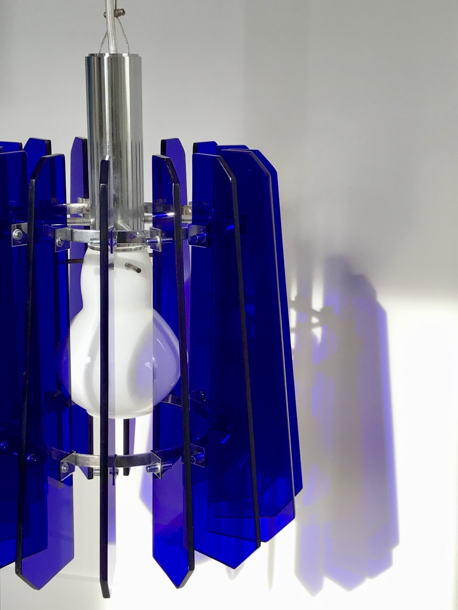 Suspension en verre bleu et opaline attribuée à Fontana Arte, Italie années 70-photo-4