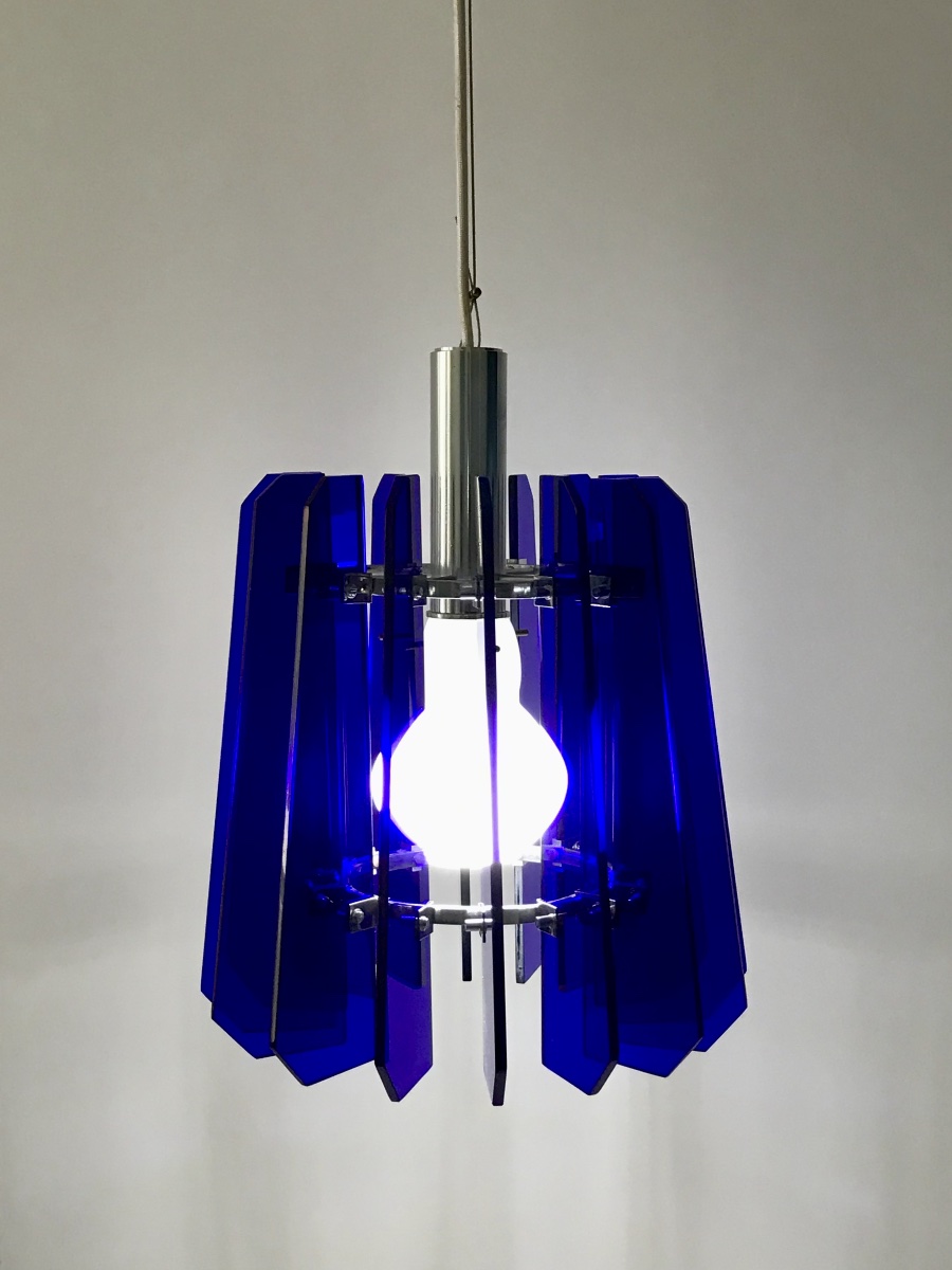 Suspension en verre bleu et opaline attribuée à Fontana Arte, Italie années 70-photo-6