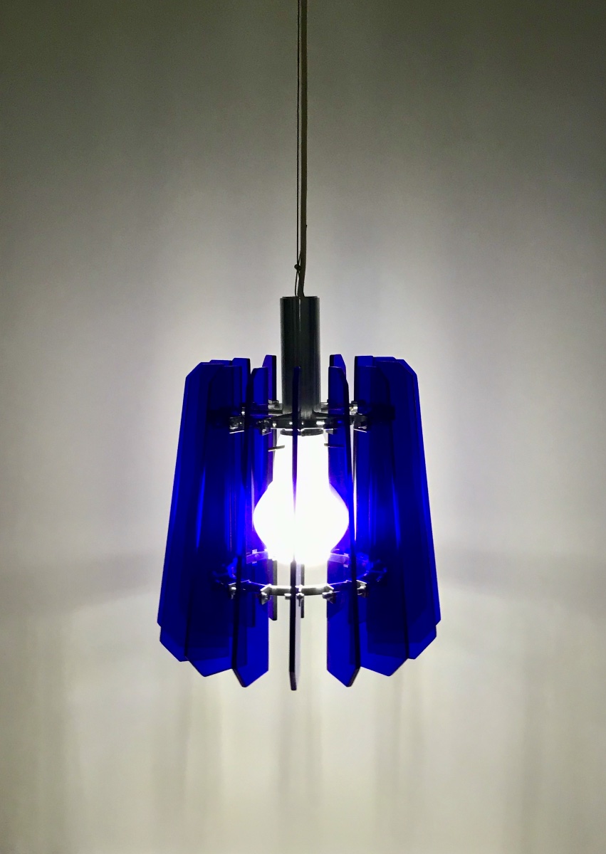 Suspension en verre bleu et opaline attribuée à Fontana Arte, Italie années 70-photo-7