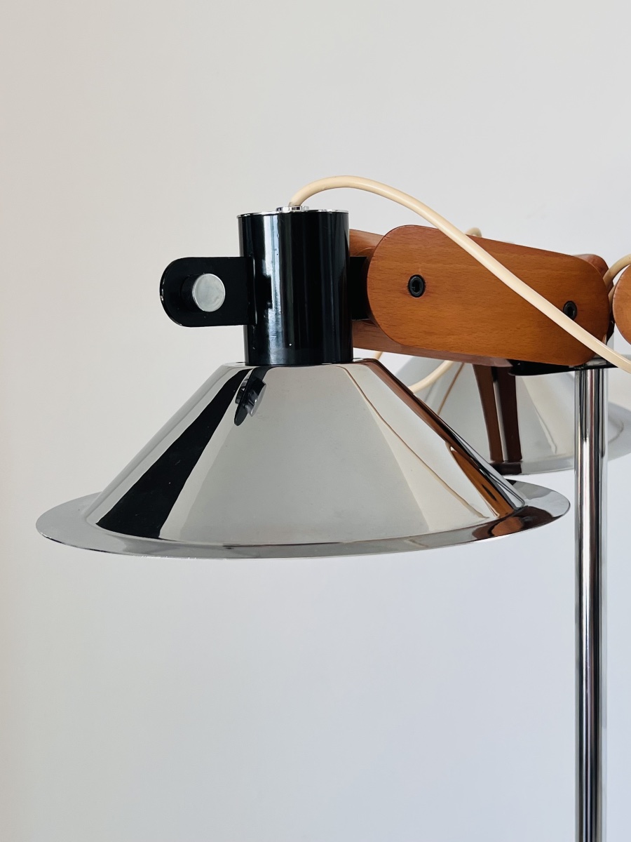 Lampadaire 3 feux en métal chromé et en bois, Espagne années 70-photo-2