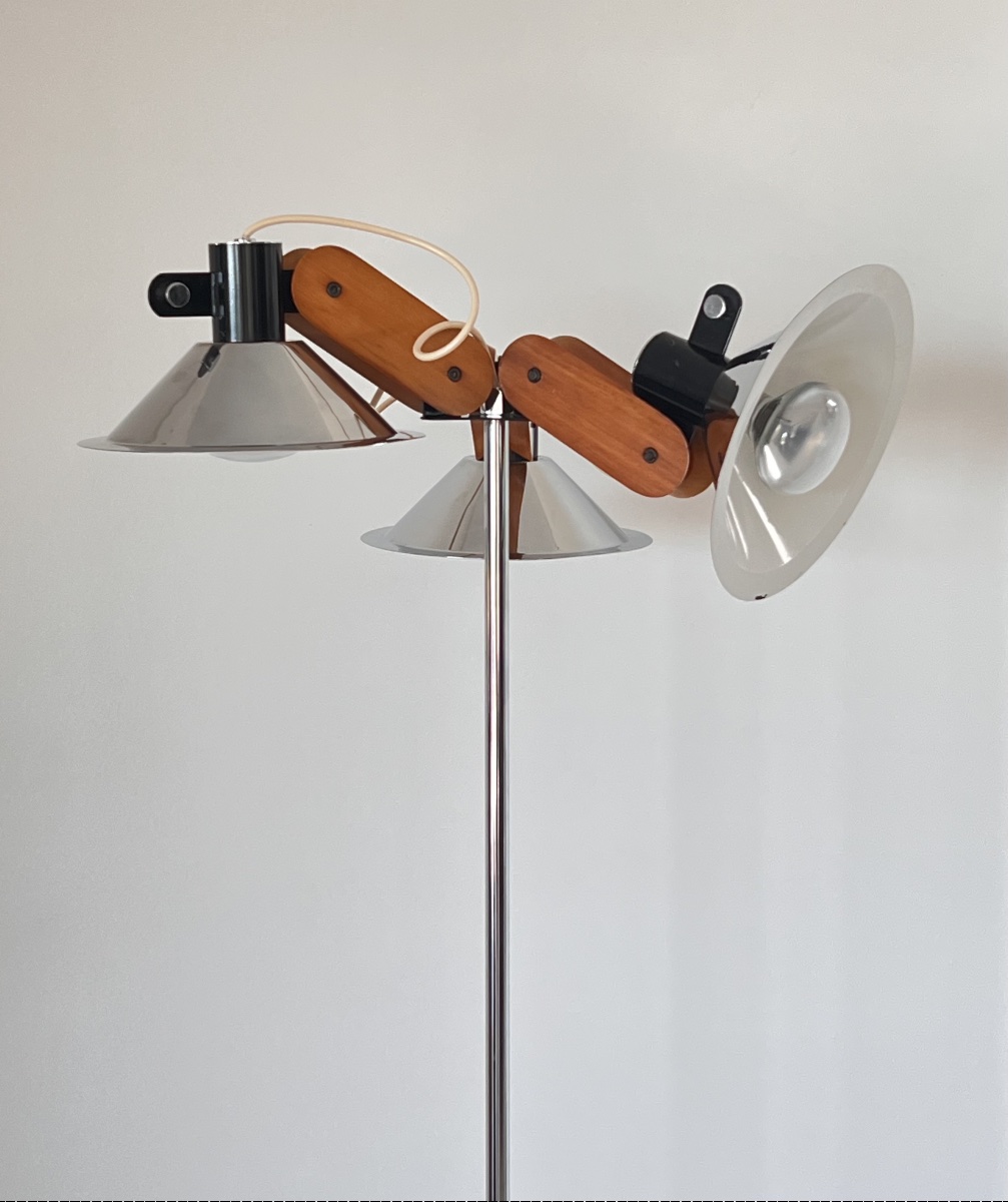 Lampadaire 3 feux en métal chromé et en bois, Espagne années 70-photo-4