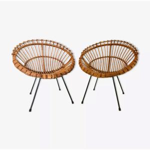 Paire de fauteuils coquille en rotin attribués à Franco Albini , Italie années 60