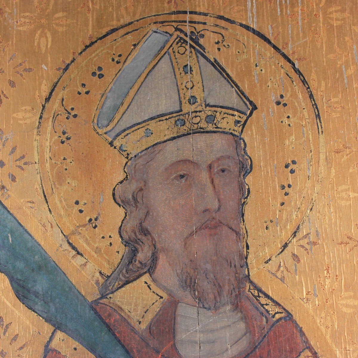 Gothic Antique Oil On Wood Painting Saint Bishop Martyr, 19th Century-photo-3