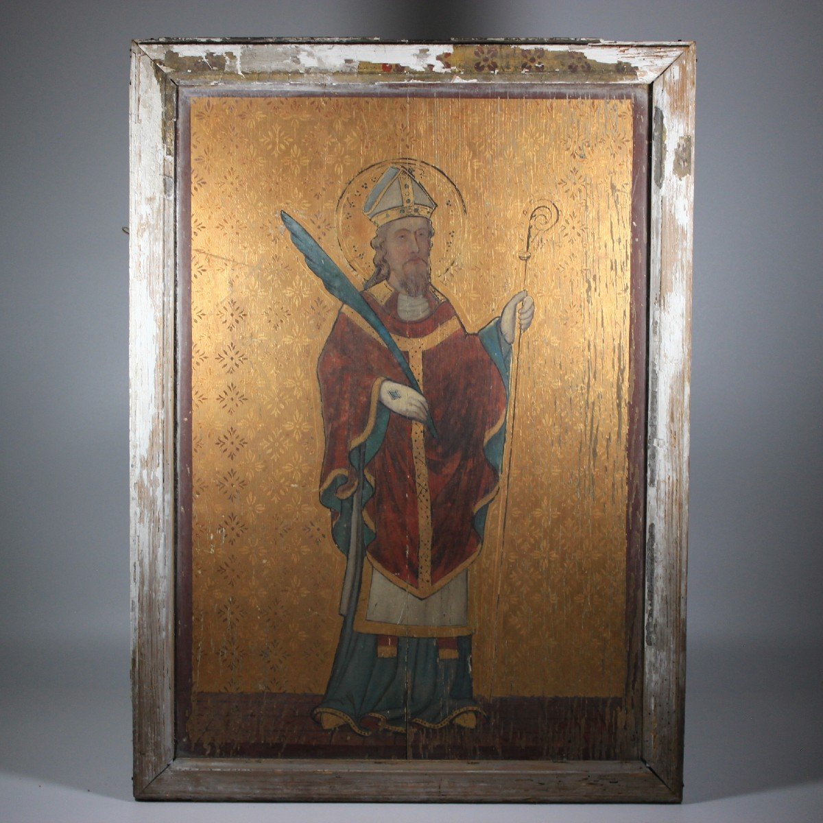 Gothic Antique Oil On Wood Painting Saint Bishop Martyr, 19th Century-photo-4
