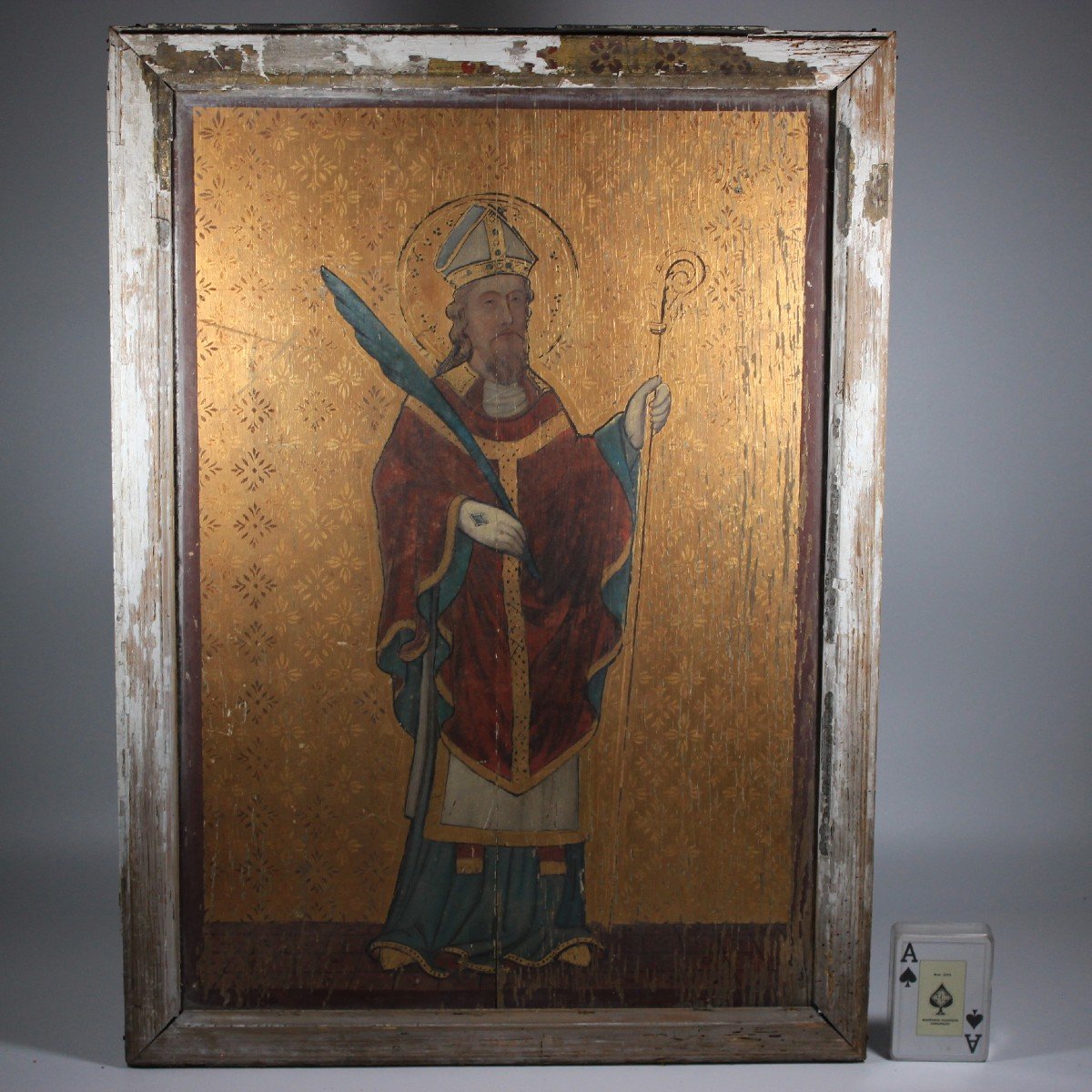 Gothic Antique Oil On Wood Painting Saint Bishop Martyr, 19th Century-photo-8
