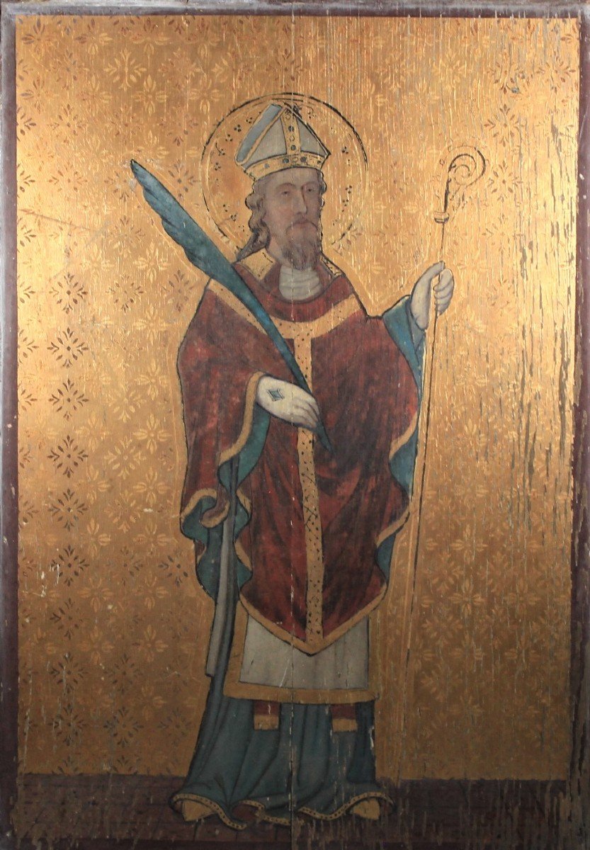 Gothic Antique Oil On Wood Painting Saint Bishop Martyr, 19th Century