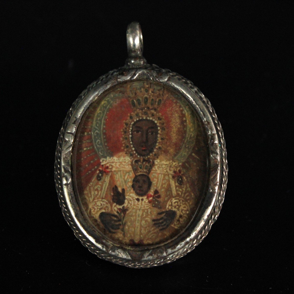 Spanish Silver Double Reliquary Virgin Mary & Christ Passion Paintings 17th C-photo-3