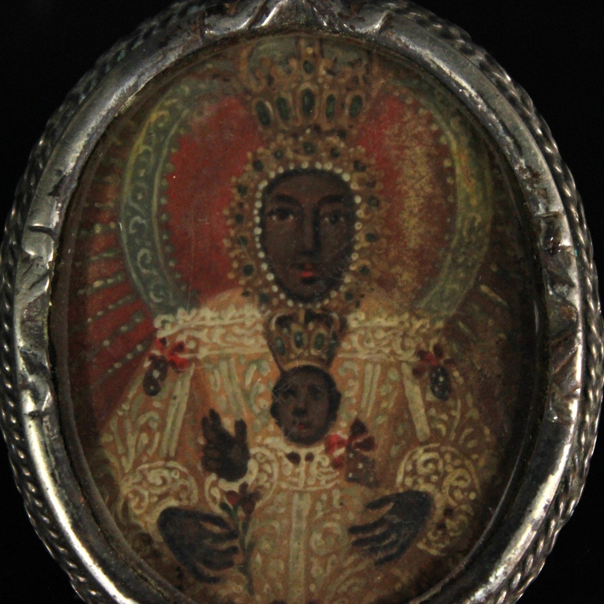 Spanish Silver Double Reliquary Virgin Mary & Christ Passion Paintings 17th C-photo-4