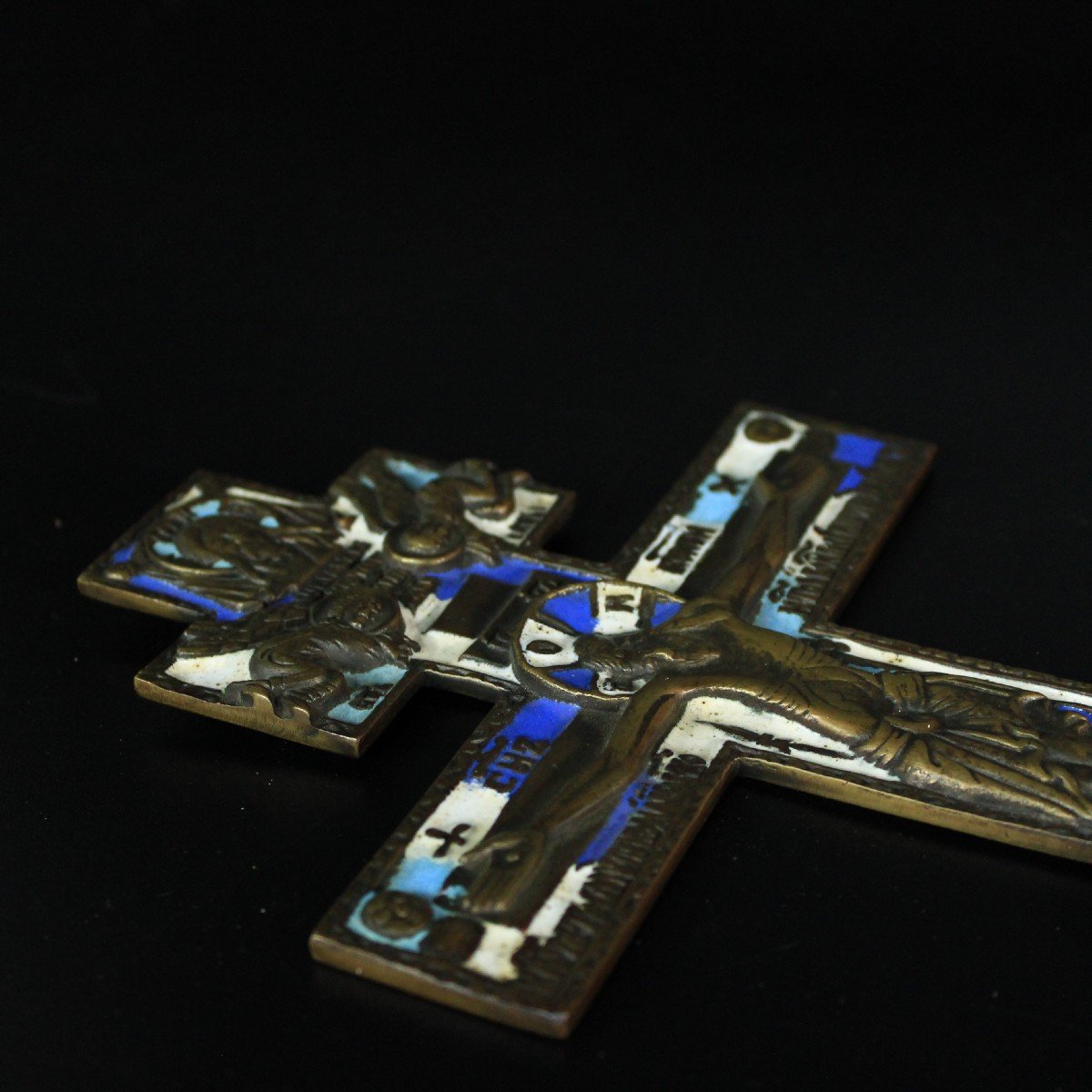 18th Century Orthodox Cross Travel Icon, Enameled Brass, Russia, Mint Condition-photo-6