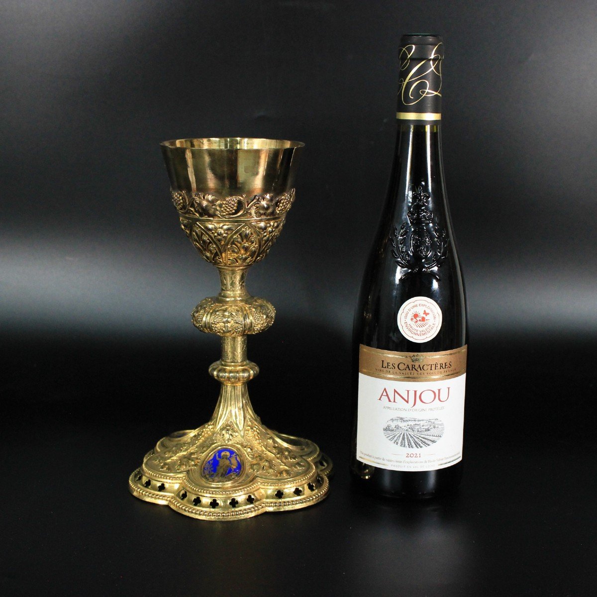 Antique Enameled Gothic Chalice Sterling Vermeil Silver Minerva Head France 19th-photo-7