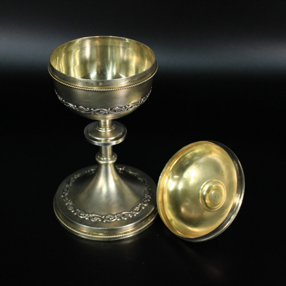 Antique Gothic Ciborium Chalice Vermeil Silver 950/1000 Minerva Head France 19th-photo-2