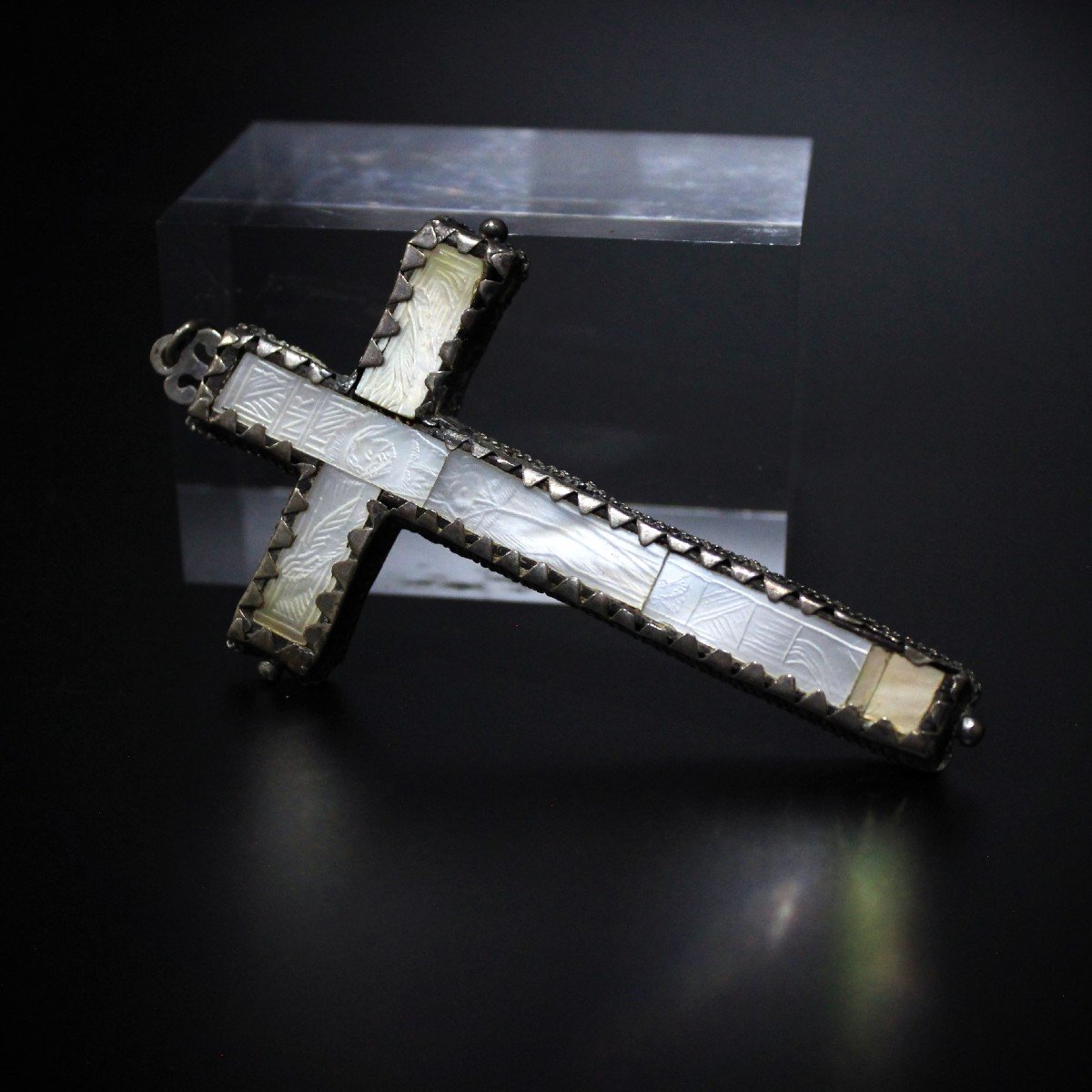 Rare Croix Crucifix Nonne Jésus Christ Nacre Gravée + Argent XVIII Cent.-photo-2