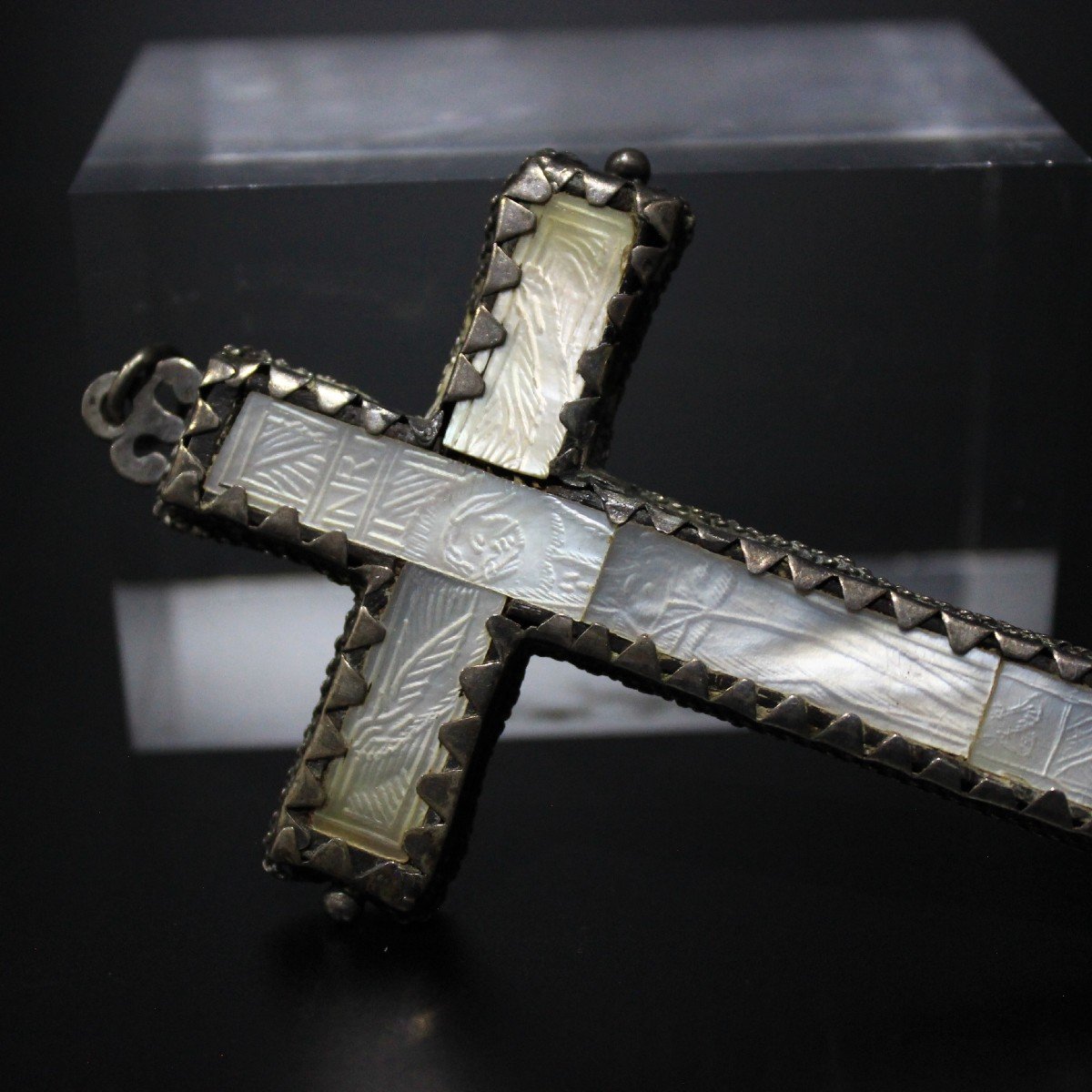 Rare Croix Crucifix Nonne Jésus Christ Nacre Gravée + Argent XVIII Cent.-photo-3