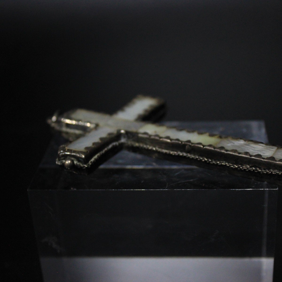 Rare Croix Crucifix Nonne Jésus Christ Nacre Gravée + Argent XVIII Cent.-photo-4
