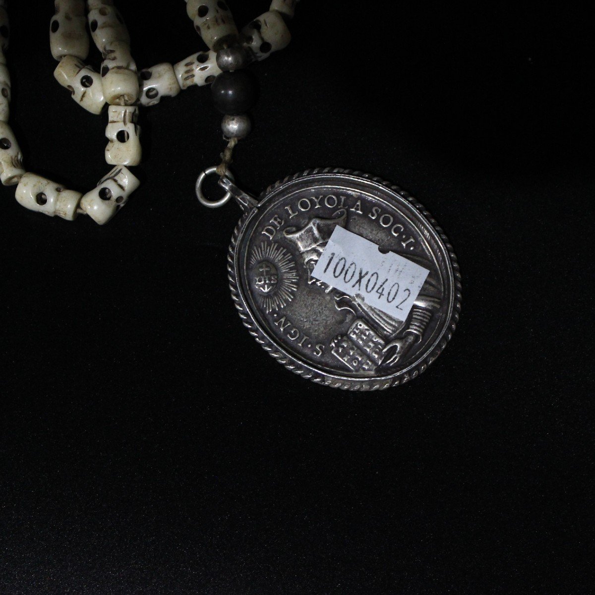 Antique Rosary Medal St. Ignatius Loyola Silver & Bone Religious 18th Cent-photo-5